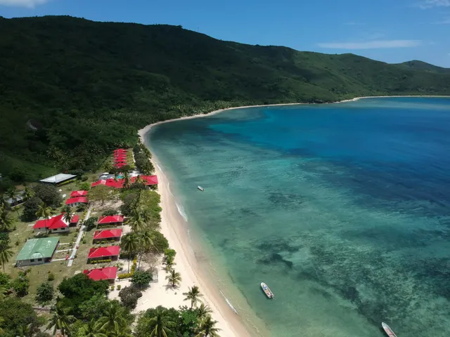 Aerial view of the coastline near Natadola village communities